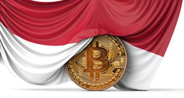 Endonezya bayrağı bir bitcoin kripto para üzerine örtülmüş. 3B Hazırlama