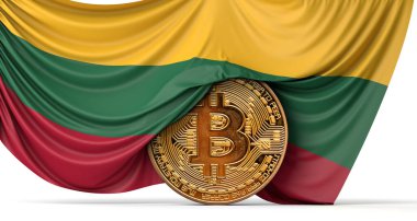 Litvanya bayrağı bir bitcoin kripto para üzerine örtülmüş. 3B Hazırlama