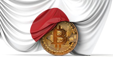 Japon bayrağı bir bitcoin kripto para üzerine örtülmüş. 3B Hazırlama
