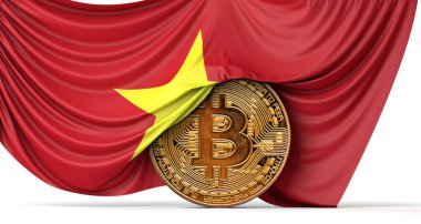 Vietnam bayrağı bir bitcoin kripto para üzerine örtülmüş. 3B Hazırlama