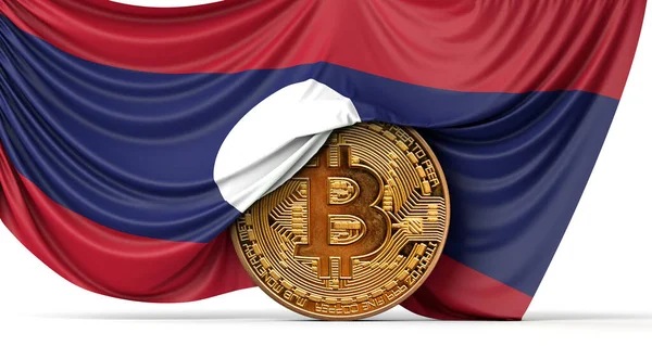 Флаг Лаоса задрапирован на криптовалютной монете биткойна. 3D рендеринг — стоковое фото