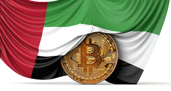 UAE flag draped over a bitcoin cryptocurrency coin. 3D Rendering — Stock Photo, Image