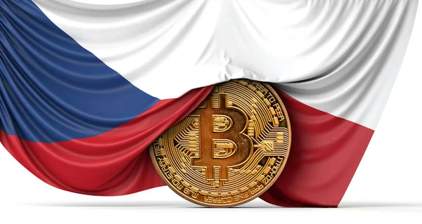 Czech flag draped over a bitcoin cryptocurrency coin. 3D Rendering — Stock Photo, Image