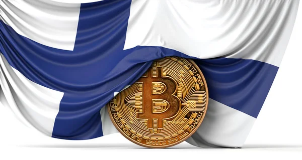 Финляндский флаг задрапирован над криптовалютной монетой биткойна. 3D рендеринг — стоковое фото