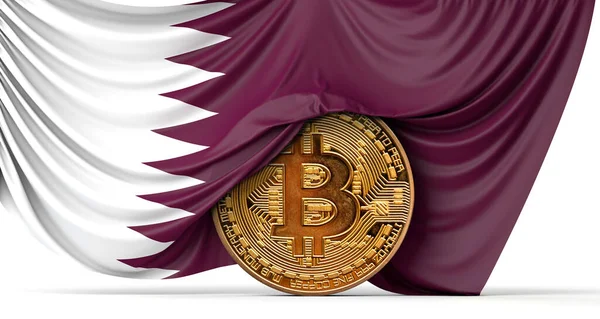 Bandiera Qatar drappeggiato su una moneta criptovaluta bitcoin. Rendering 3D — Foto Stock