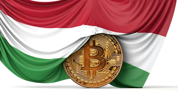 Bandeira da Hungria coberta por uma moeda criptomoeda bitcoin. Renderização 3D — Fotografia de Stock