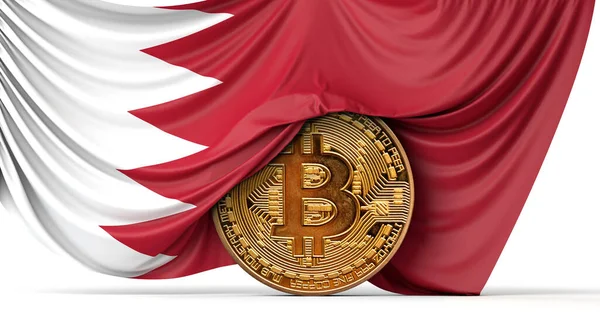 Флаг Бахрейна задрапирован на криптовалютной монете биткойна. 3D рендеринг — стоковое фото