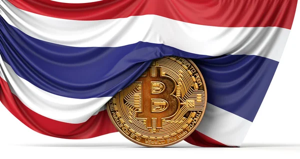 Bandeira da Tailândia drapeado sobre uma moeda criptomoeda bitcoin. Renderização 3D — Fotografia de Stock