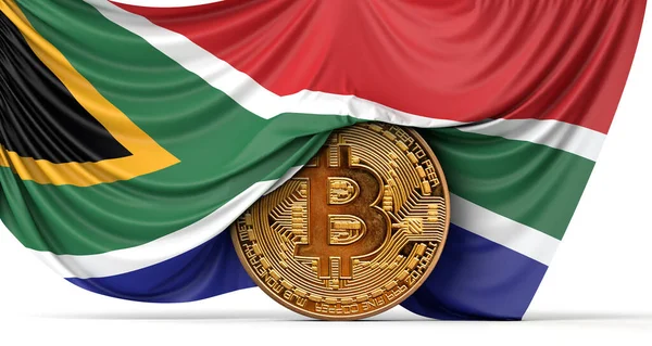 Bendera Afrika Selatan menutupi lebih dari koin bitcoin cryptocurrency. Perenderan 3D — Stok Foto