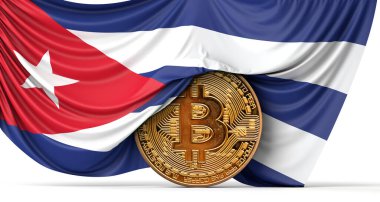 Bir bitcoin kripto para üzerine sarılı Küba bayrağı. 3B Hazırlama