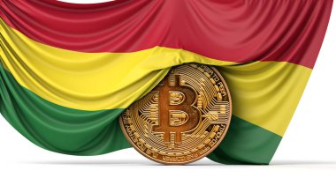 Bolivya bayrağı bir bitcoin kripto para üzerine örtülmüş. 3B Hazırlama