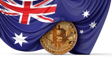 Avustralya bayrağı bir bitcoin kripto para üzerine örtülmüş. 3B Hazırlama
