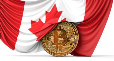 Kanada bayrağı bir bitcoin kripto para üzerine örtülmüş. 3B Hazırlama