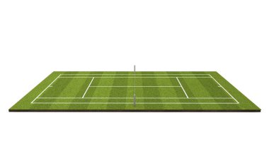 Beyaz işaretli ve ağlı çimen tenis kortu. 3B Hazırlama