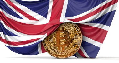 İngiliz bayrağı bir bitcoin şifreleme madeni parasının üzerine sarılı. 3B Hazırlama