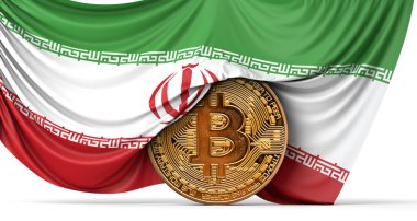 İran bayrağı bir bitcoin şifreleme madeni parasının üzerine sarılı. 3B Hazırlama