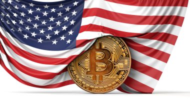 ABD bayrağı bir bitcoin kripto para üzerine örtülmüş. 3B Hazırlama