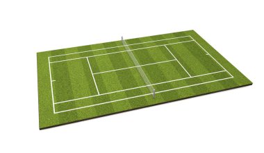 Beyaz işaretli ve ağlı çimen tenis kortu. 3B Hazırlama
