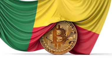Bir bitcoin şifreleme madeni parasının üzerine benin bayrağı asılmış. 3B Hazırlama