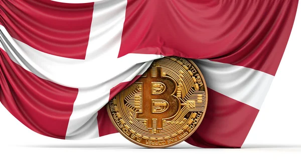 Danmark flagga draperas över en bitcoin cryptocurrency mynt. 3D-återgivning — Stockfoto