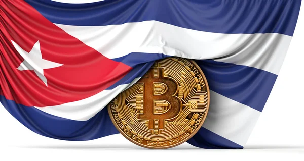 Bendera Kuba menutupi lebih dari koin bitcoin cryptocurrency. Perenderan 3D — Stok Foto