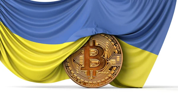 Die Flagge der Ukraine drapiert eine Kryptowährung Bitcoin. 3D-Rendering — Stockfoto