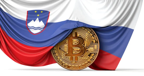Bandeira da Eslovénia coberto por uma moeda criptomoeda bitcoin. Renderização 3D — Fotografia de Stock