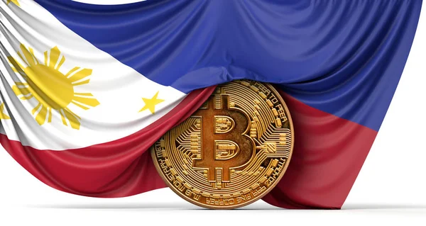 Bandeira das Filipinas coberta por uma moeda criptomoeda bitcoin. Renderização 3D — Fotografia de Stock