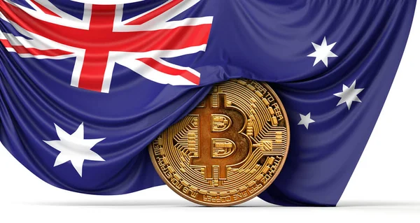 Australia steag drapat peste o monedă Bitcoin Criptomonedă. Redare 3D — Fotografie, imagine de stoc