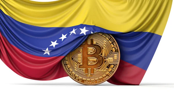 Bandiera Venezuela drappeggiato su una moneta criptovaluta bitcoin. Rendering 3D — Foto Stock