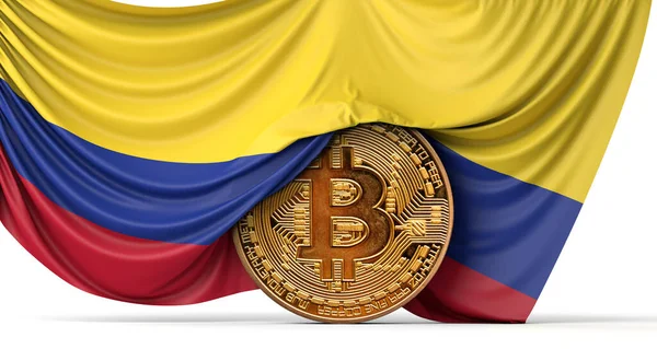 Bandeira da Colômbia coberta por uma moeda criptomoeda bitcoin. Renderização 3D — Fotografia de Stock