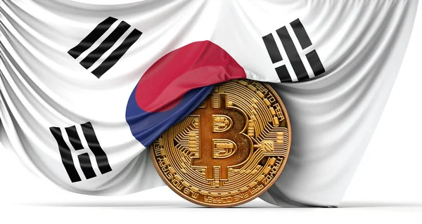 Bandeira da Coreia drapeada sobre uma moeda criptomoeda bitcoin. Renderização 3D — Fotografia de Stock