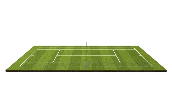 Rasen-Tennisplatz mit weißen Markierungen und Netz. 3D-Rendering — Stockfoto