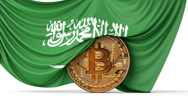 Bandiera Arabia Saudita drappeggiato sopra una moneta criptovaluta bitcoin. Rendering 3D — Foto Stock