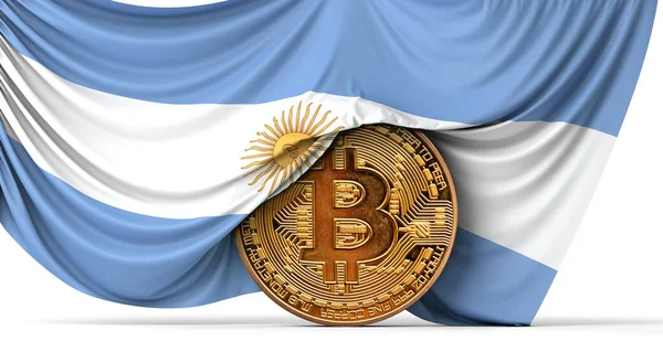 Флаг Аргентины задрапирован на криптовалютной монете биткойна. 3D рендеринг — стоковое фото
