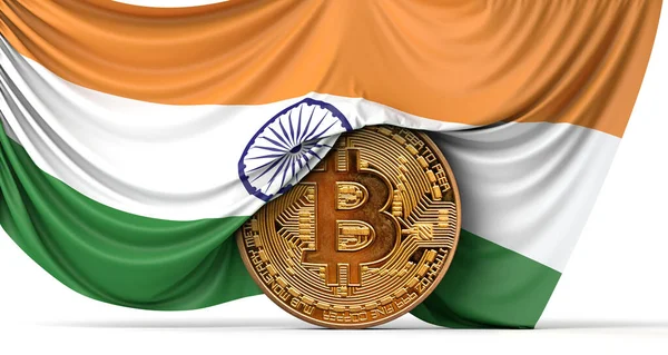 Bendera India menutupi lebih dari koin bitcoin cryptocurrency. Perenderan 3D — Stok Foto