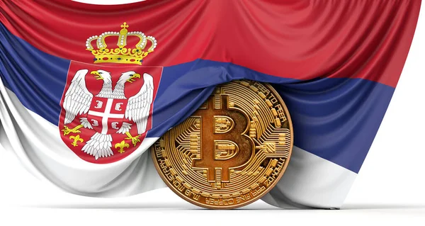 Bandiera Serbia drappeggiato su una moneta criptovaluta bitcoin. Rendering 3D — Foto Stock