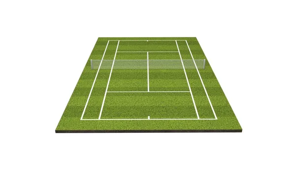 Травяной теннисный корт с белыми метками и сеткой. 3D рендеринг — стоковое фото