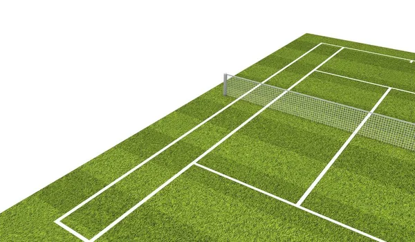 Trávníkový tenisový kurt s bílými značkami a sítí. 3D vykreslování — Stock fotografie