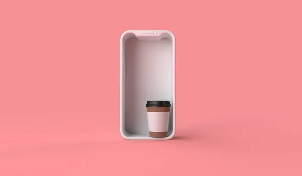Online take away ή παράδοση της παραγγελίας καφέ από ένα smartphone. 3D απόδοση — Φωτογραφία Αρχείου