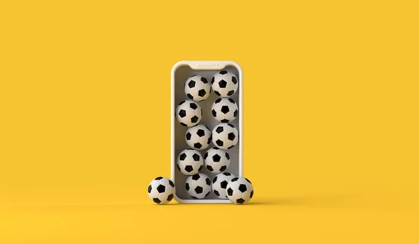 Smartphone με μπάλα ποδοσφαίρου. online παιχνίδι ή ροή βίντεο. 3D απόδοση — Φωτογραφία Αρχείου