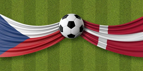 Fußballspiel Tschechien gegen Dänemark. Nationalflaggen mit Fußball. 3D-Rendering — Stockfoto