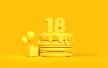 18. yaş günün kutlu olsun. Hediyen ve balonlu pasta. 3B Hazırlama