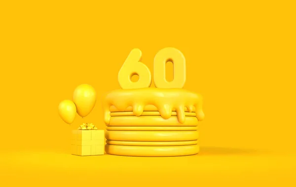 Happy 60th Birthday celebration cake with present and balloons. 3D Rendering — Stock Photo, Image