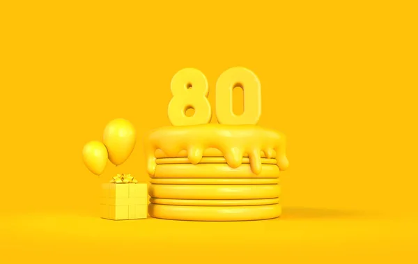 Feliz bolo de celebração de aniversário 80 com presente e balões. Renderização 3D — Fotografia de Stock