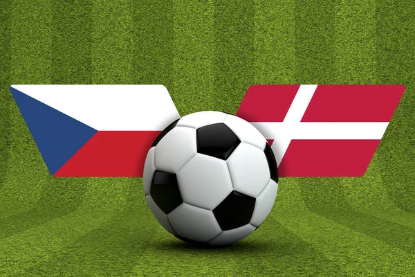 Tsjechië vs. Denemarken voetbalwedstrijd. vlaggen met voetbal. 3D-weergave — Stockfoto