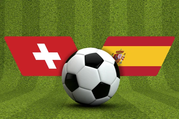 Spanje vs Zwitserland voetbalwedstrijd. vlaggen met voetbal. 3D-weergave — Stockfoto