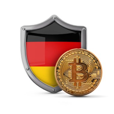 Bitcoin kripto para Almanya bayrak kalkanı önünde. 3B Hazırlama