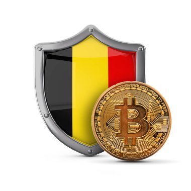 Bitcoin kripto para Belçika bayrak kalkanı önünde. 3B Hazırlama