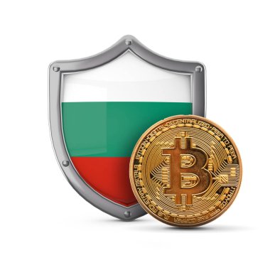 Bulgaristan bayrak kalkanı önünde Bitcoin şifreli para. 3B Hazırlama